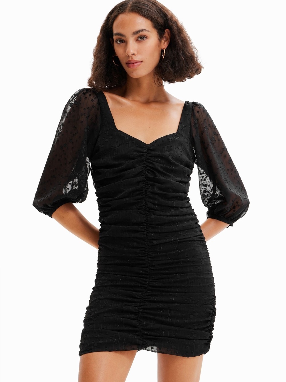 Desigual Black Ruched Puff-Sleeve Mini Dress